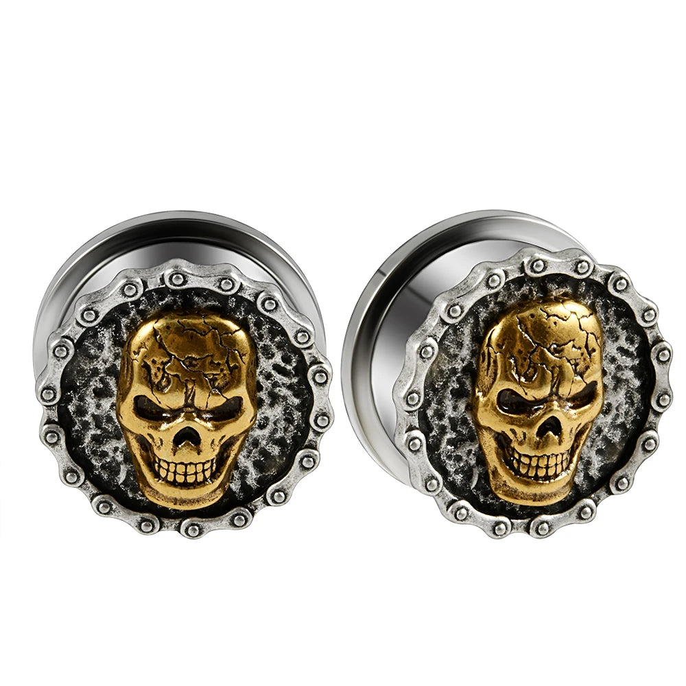 Plugs crâne doré cerclé en acier, paire