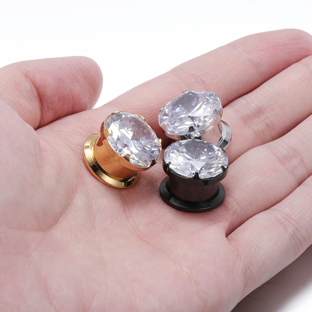 Plugs à vis sertis d'un zircon en acier inoxydable (paire)