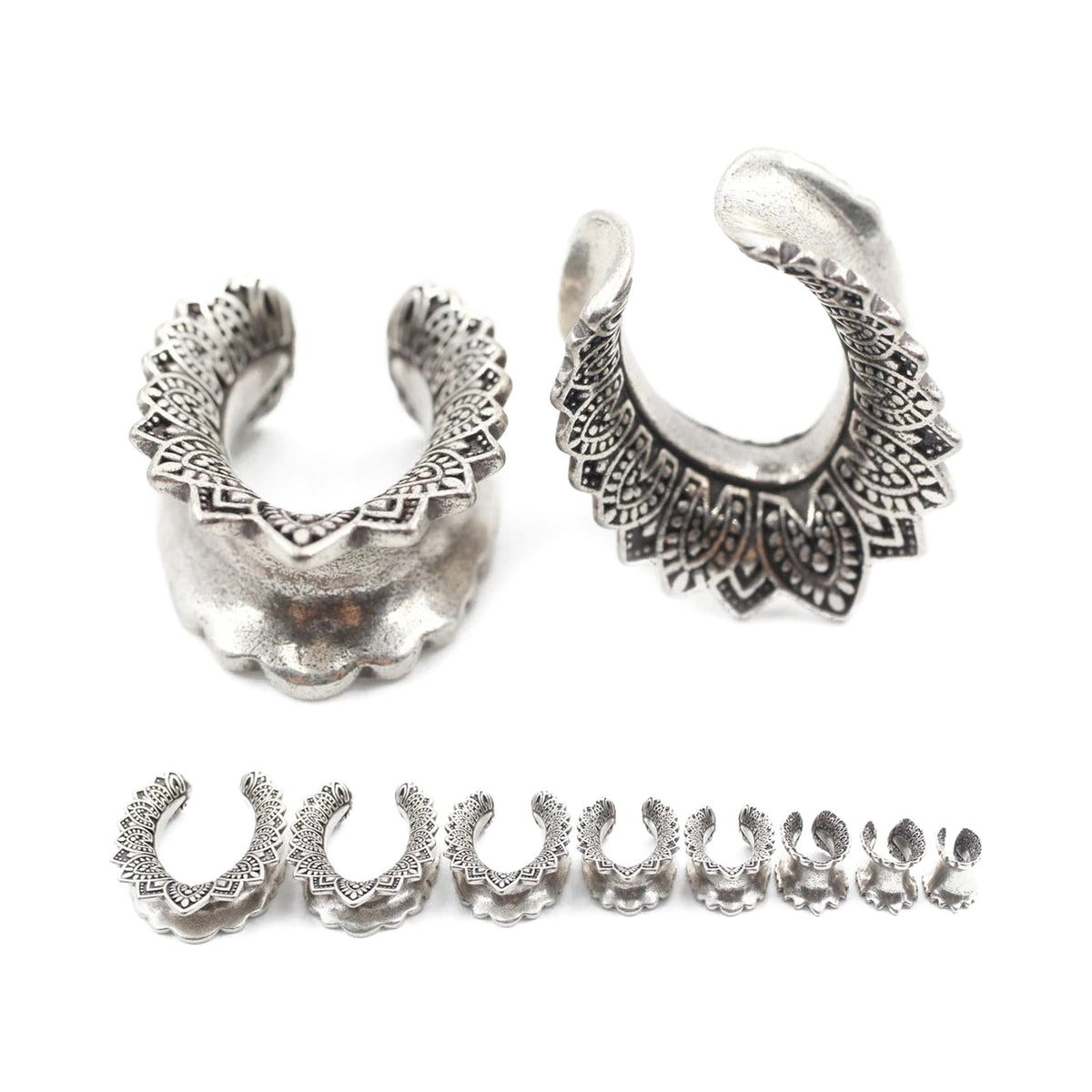 Plug tunnel cuivre mandala, deux vues et gamme de tailles — Stretchy