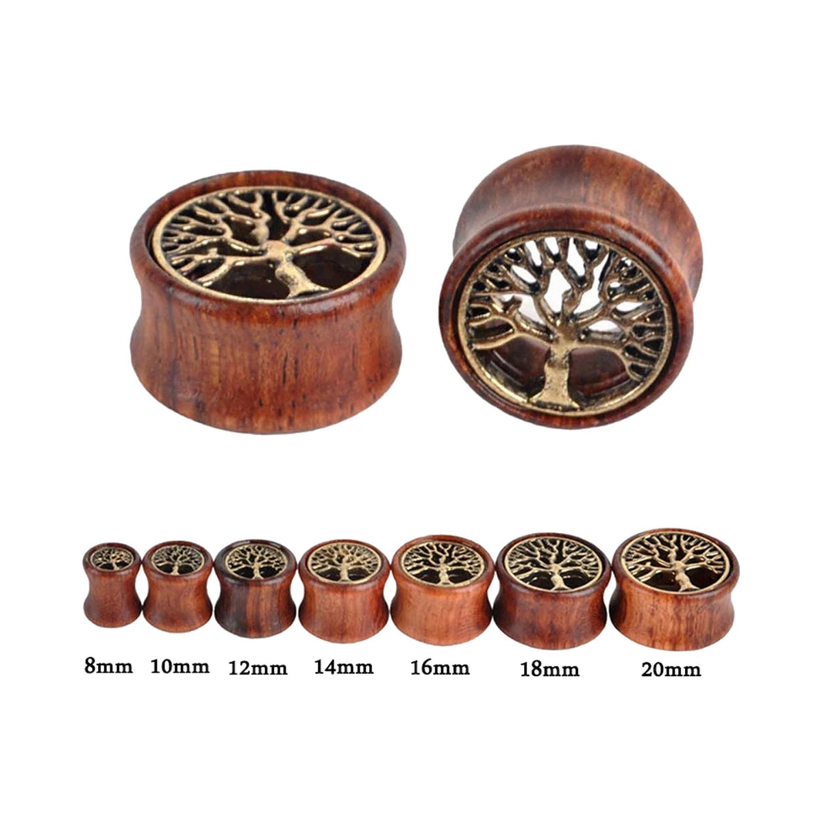 Plugs en bois motif arbre de vie, tailles de 8 à 20 mm