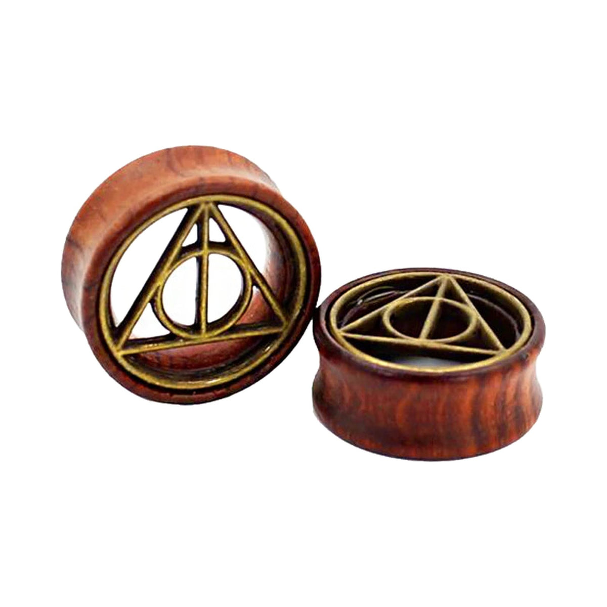Plugs en bois à motif triangle et cercle en métal, paire