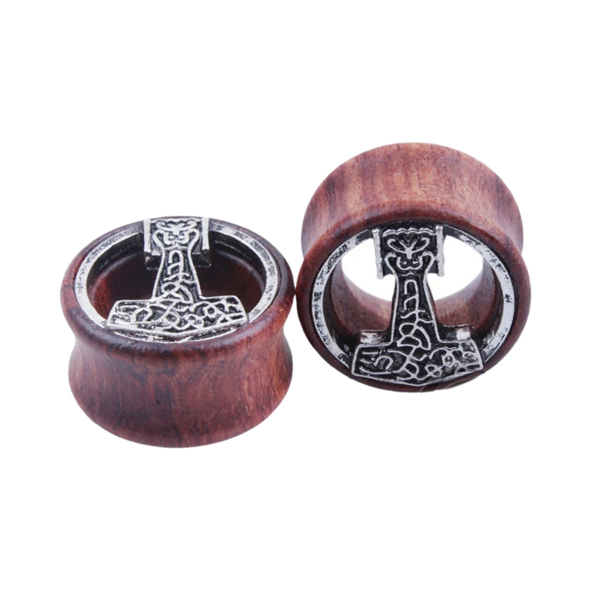 Plugs en bois à motif marteau de Thor en métal, paire