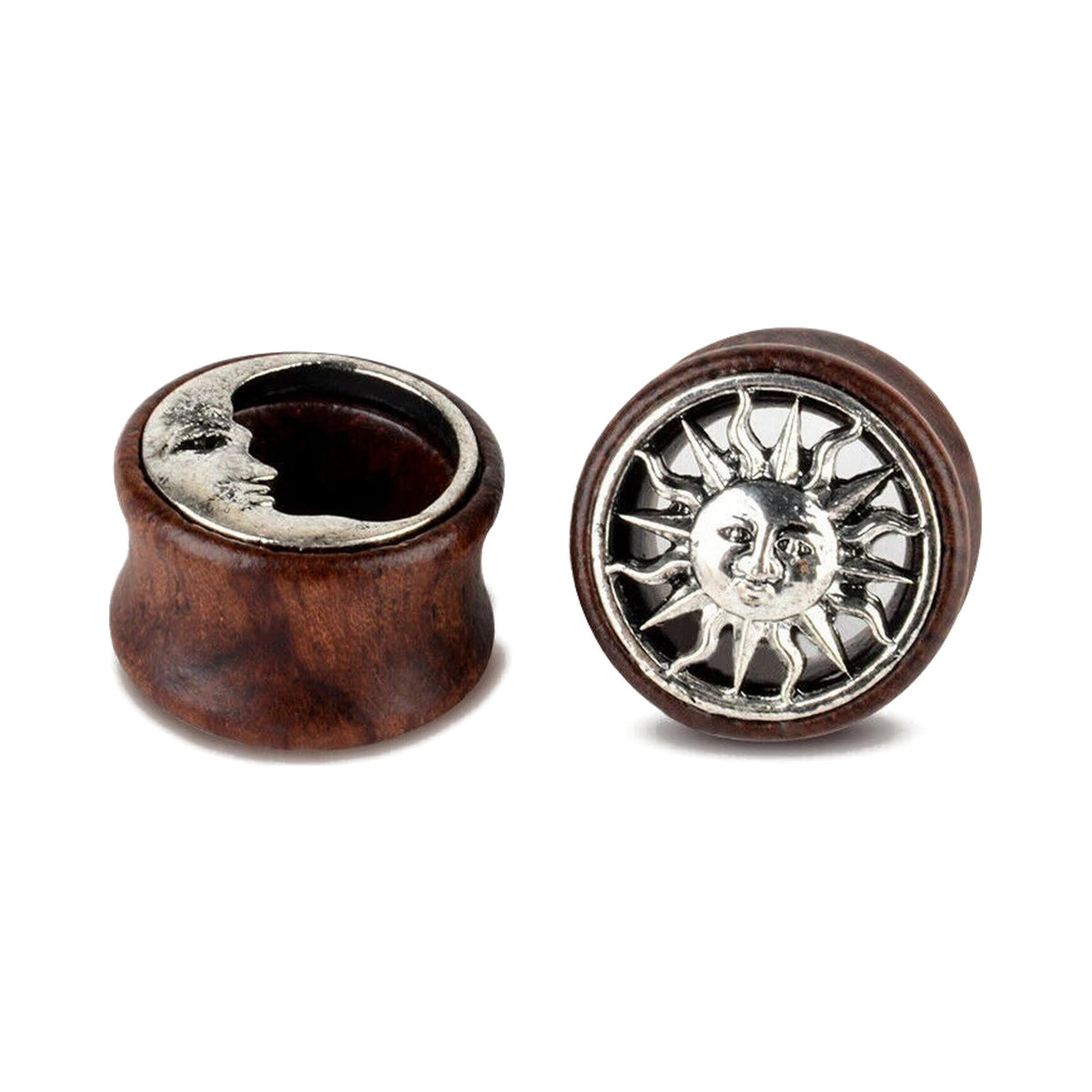 Plugs en bois à motif soleil et lune en métal, paire