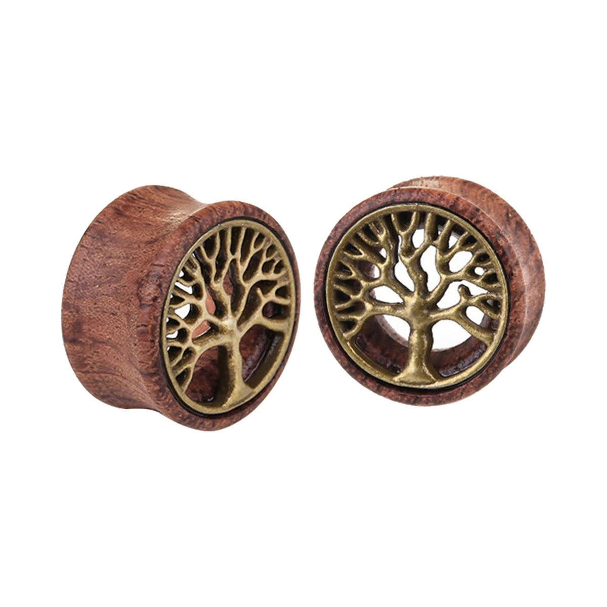 Plugs en bois à motif arbre de vie en métal, paire